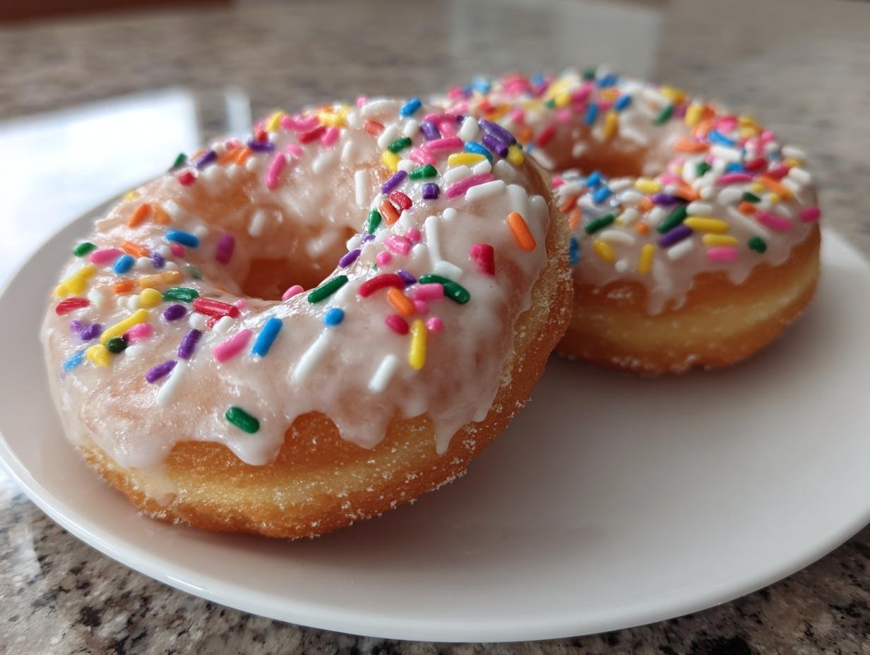 Close-up of two fluffy Vegan Vanilla Donuts With Sprinkles, covered in white glaze, resting on a white plate.