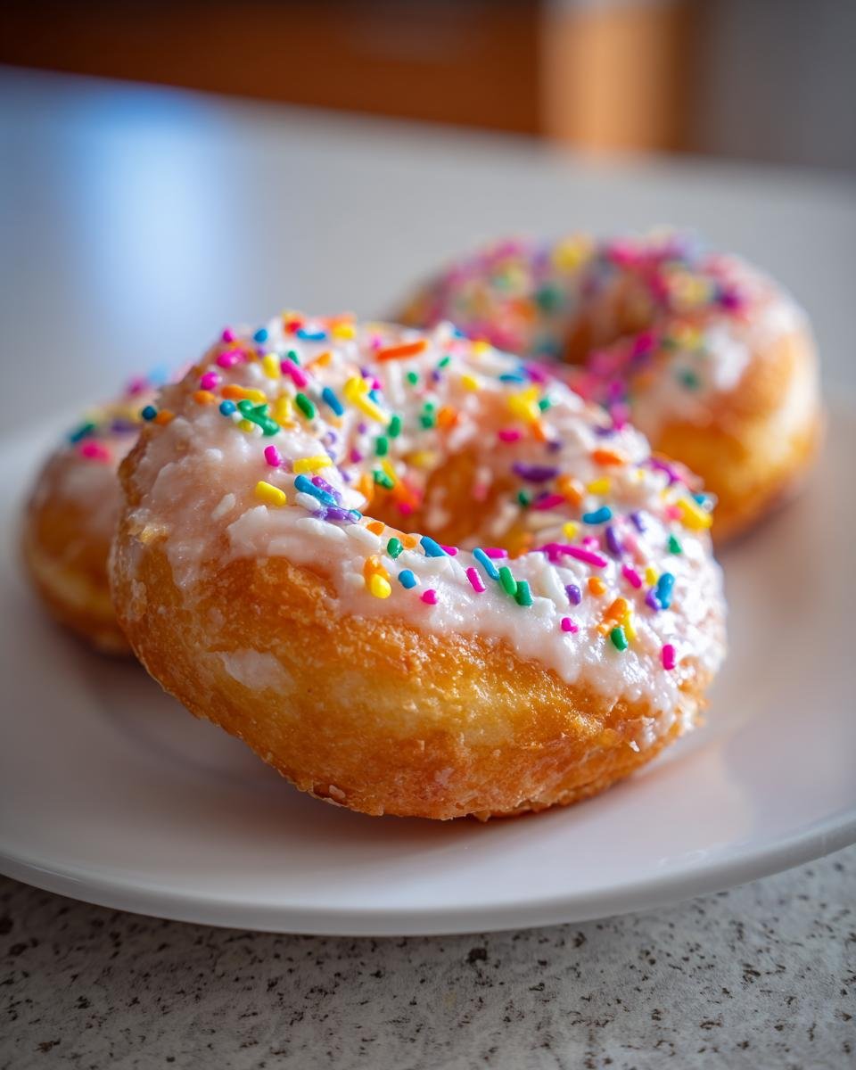 Close-up of three fluffy Vegan Vanilla Donuts With Sprinkles topped with white glaze on a white plate.