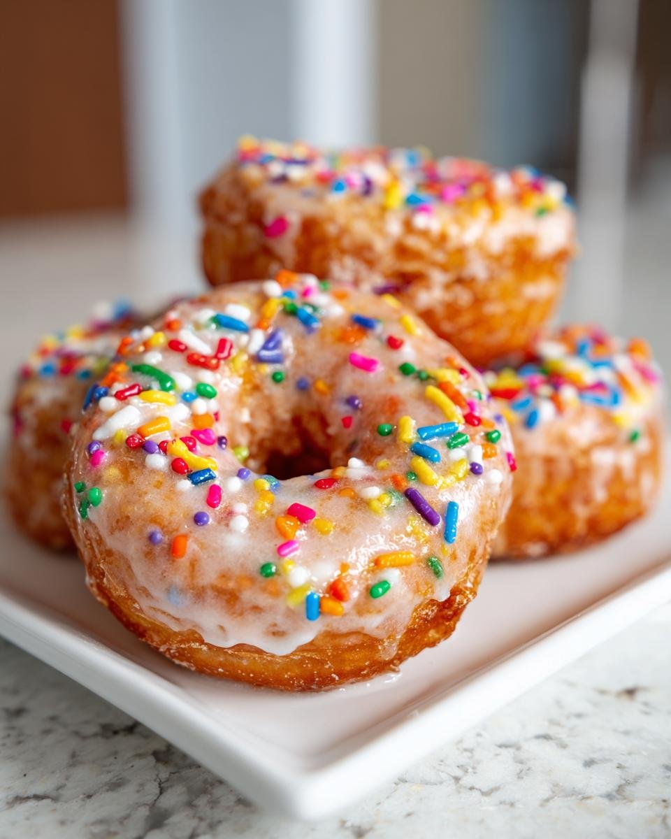 Four golden-brown Vegan Vanilla Donuts With Sprinkles piled on a white plate, featuring a thick vanilla glaze.