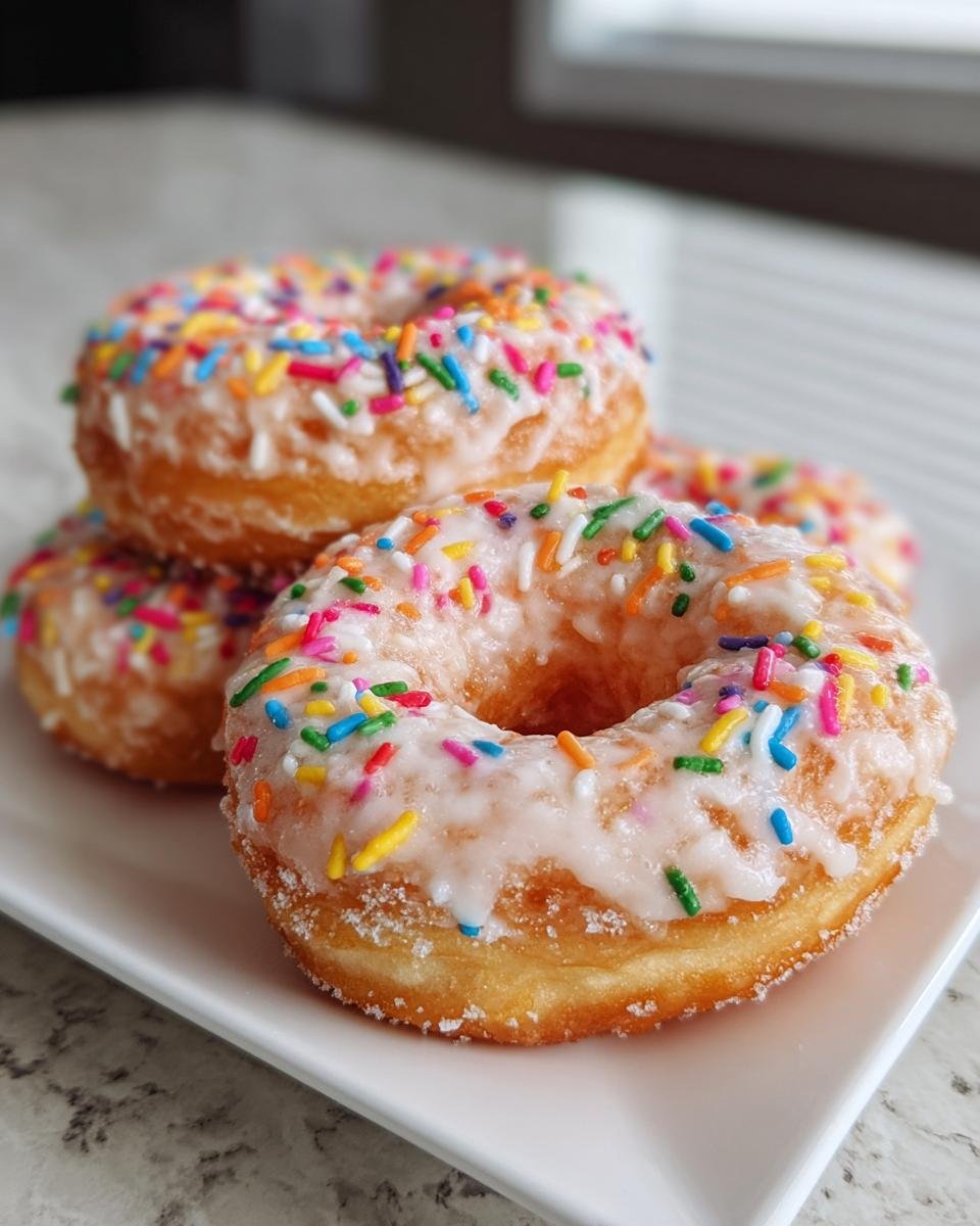 A stack of fluffy Vegan Vanilla Donuts With Sprinkles, coated in white glaze and colorful jimmies, resting on a white plate.
