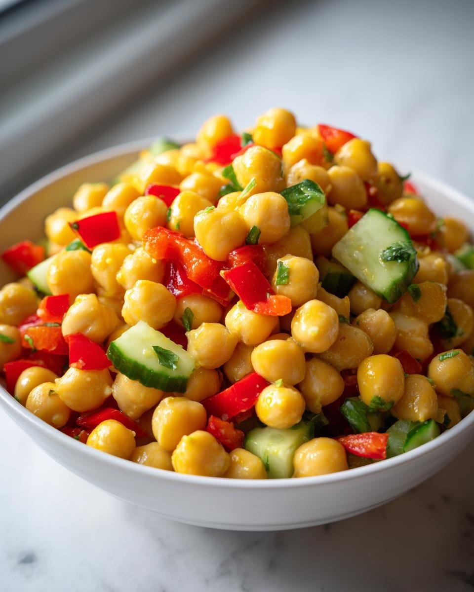 A close-up of a white bowl filled with Vibrant Easy Chickpea Salad Recipe, featuring chickpeas, diced red bell pepper, and cucumber chunks.