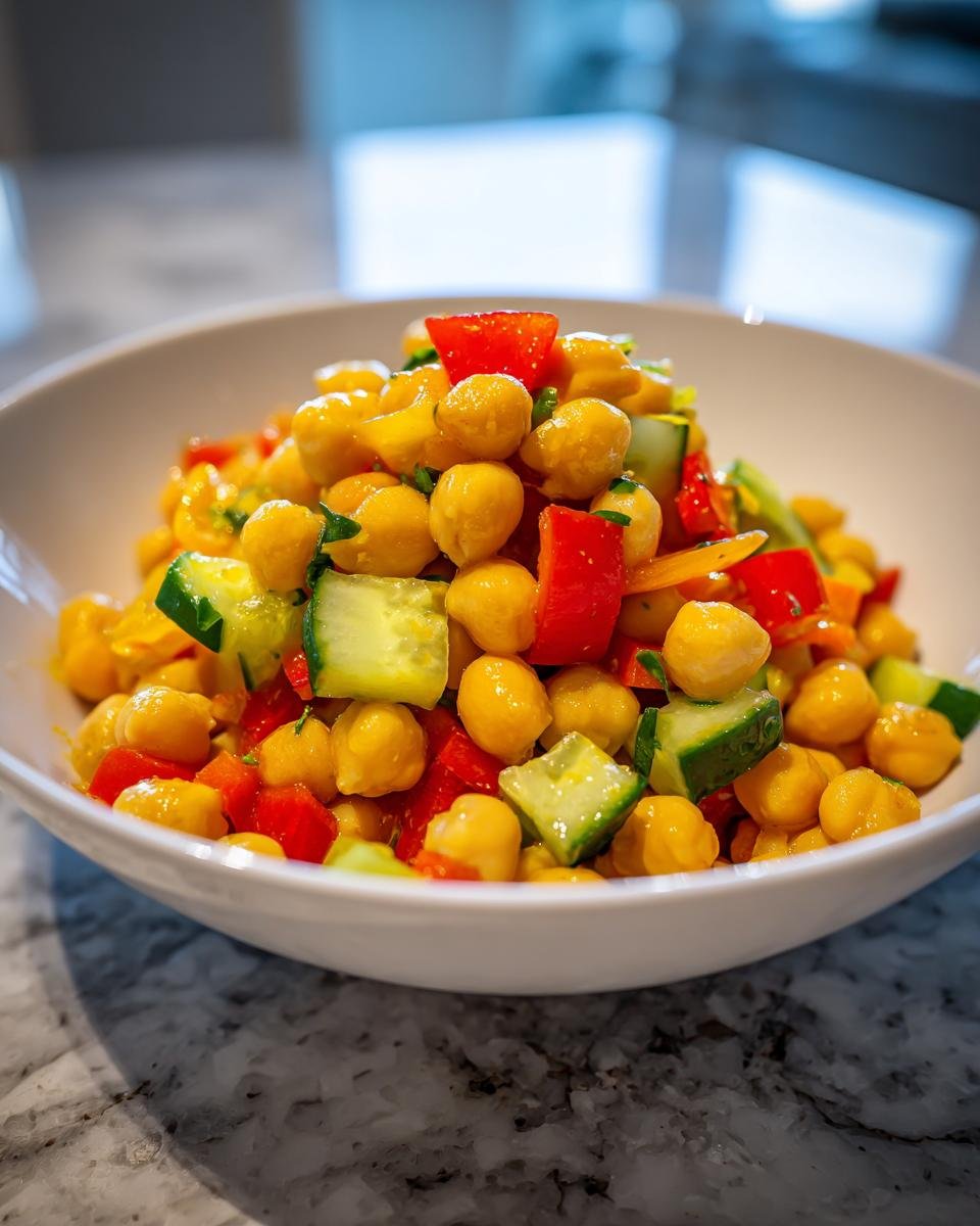 Close-up of a Vibrant Easy Chickpea Salad Recipe featuring chickpeas, diced red peppers, and cucumber chunks.