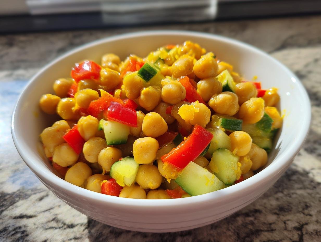 Close-up of a Vibrant Easy Chickpea Salad Recipe featuring chickpeas, red peppers, and cucumber chunks in a white bowl.