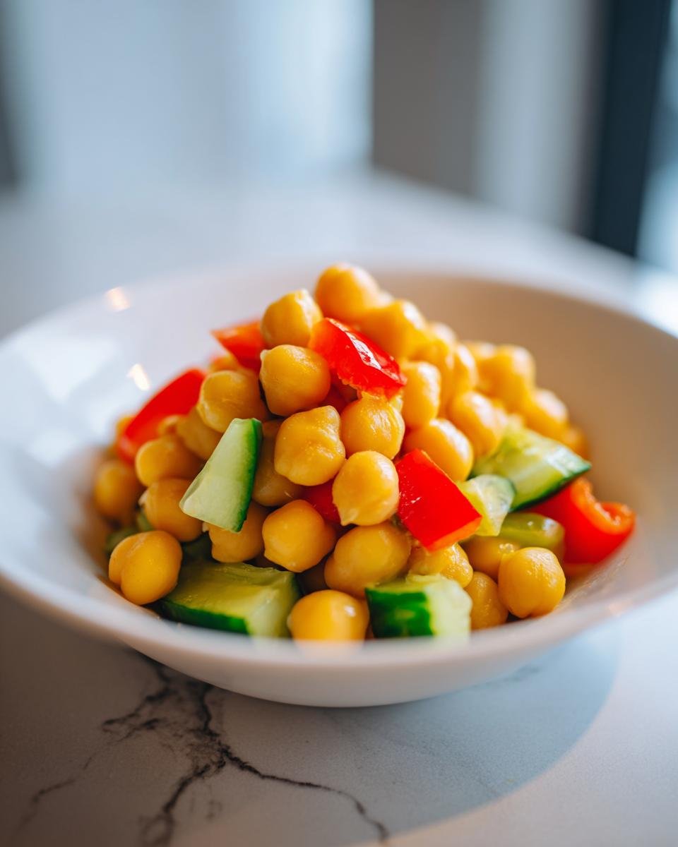 Close-up of a Vibrant Easy Chickpea Salad Recipe featuring chickpeas, diced red pepper, and cucumber chunks in a white bowl.
