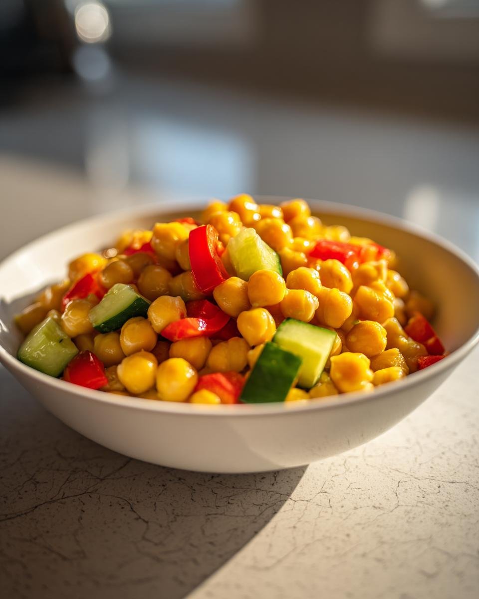 Close-up of a Vibrant Easy Chickpea Salad Recipe featuring chickpeas, diced red pepper, and cucumber in a white bowl.