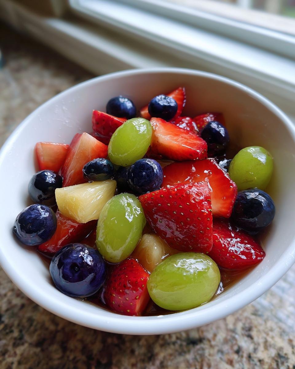Close-up of a white bowl filled with vibrant Moscato Fruit Salad featuring strawberries, blueberries, green grapes, and pineapple chunks.