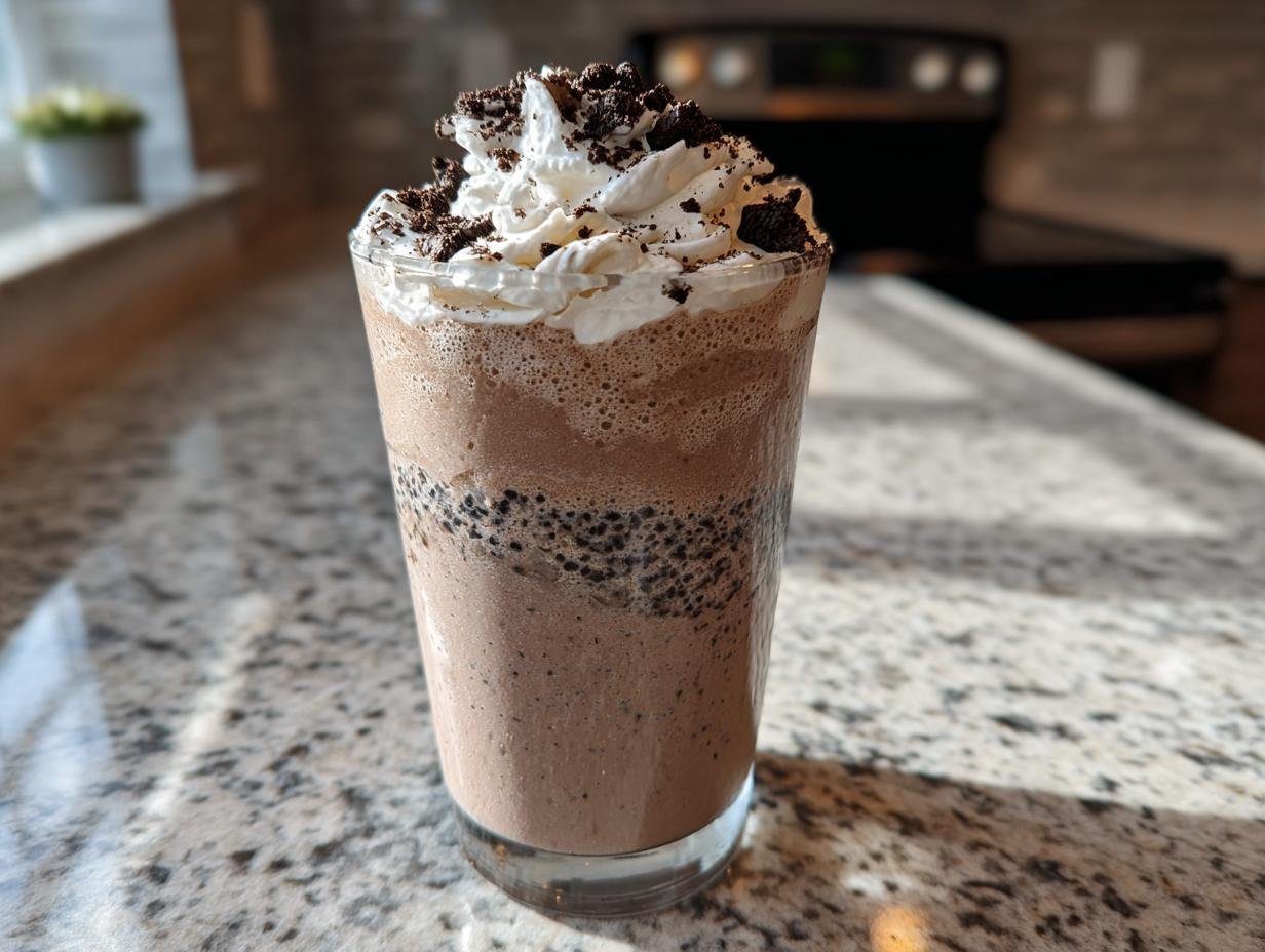 A tall glass filled with a thick, blended Oreo Milkshake, topped with whipped cream and cookie crumbles.