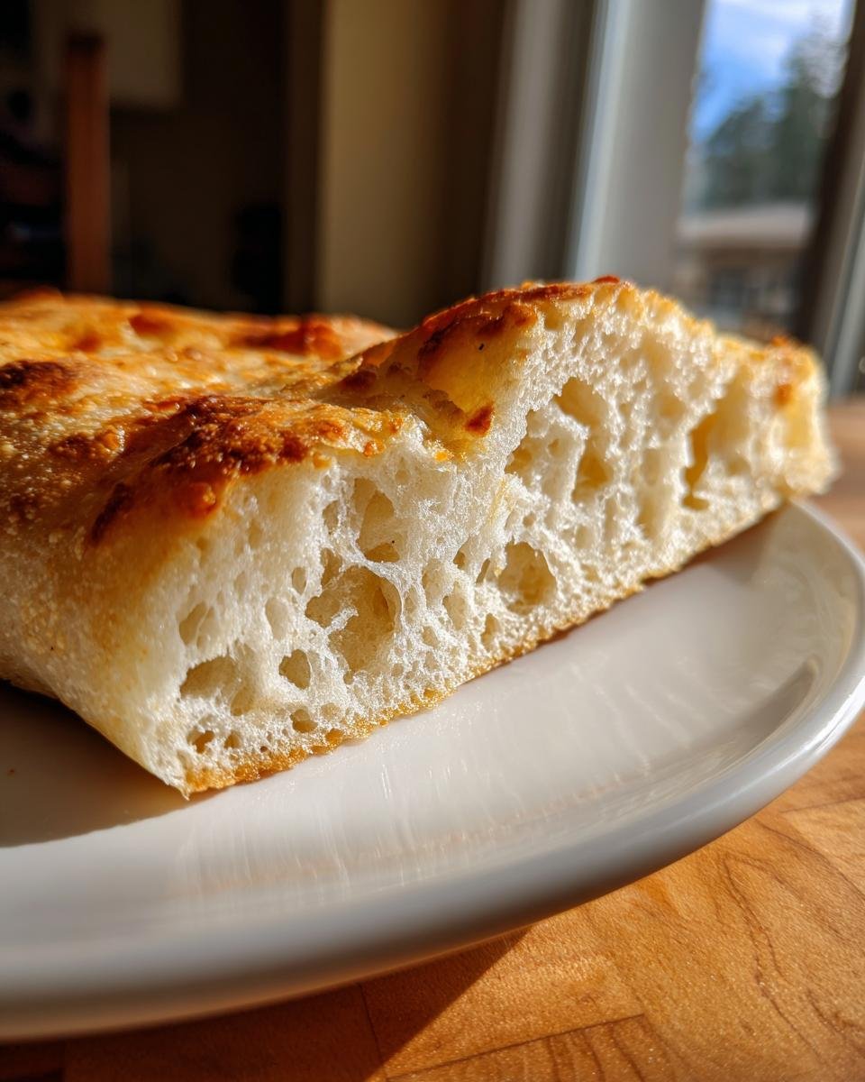 Close-up of the airy, open crumb structure of a slice of Gluten Free Pizza Crust.