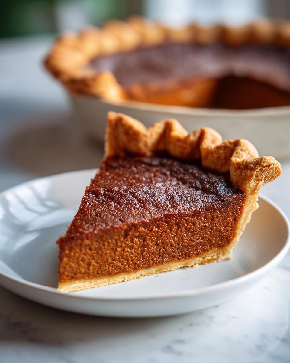 A close-up slice of Irresistible Apple Butter Pie with a rich, dark filling and crimped crust on a white plate.