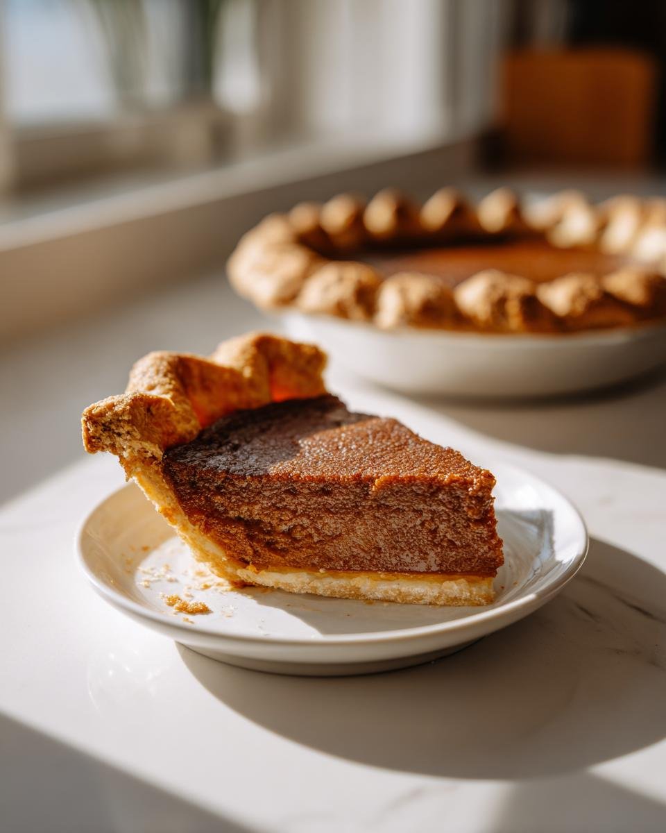 A close-up slice of Irresistible Apple Butter Pie on a white plate, with the full pie blurred in the background.