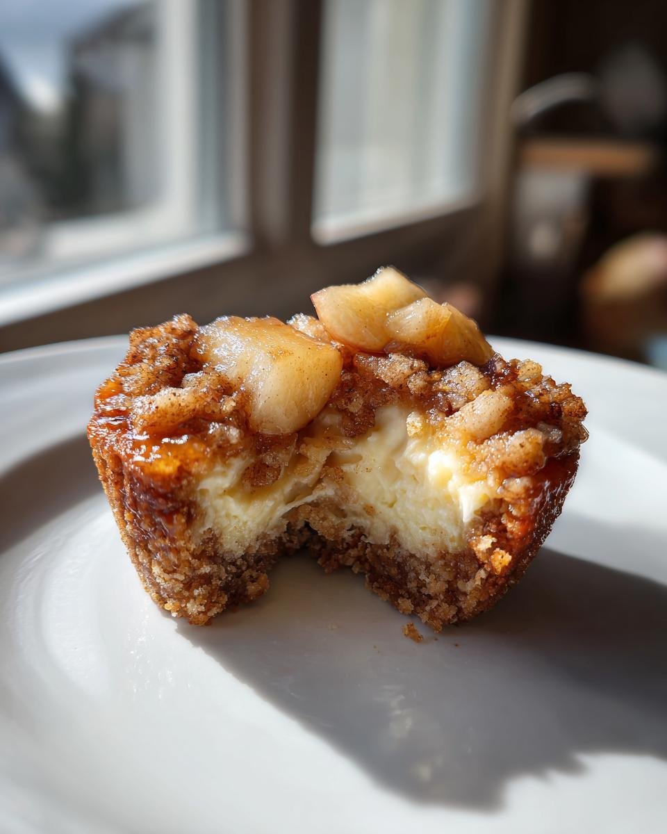 Close-up of an Irresistible Apple Crisp Mini Cheesecakes with a bite taken out, showing creamy filling and crumble topping.