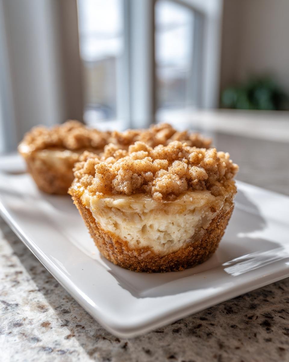 A close-up of an Irresistible Apple Crisp Mini Cheesecake showing the creamy filling and crumb topping, served on a white plate.