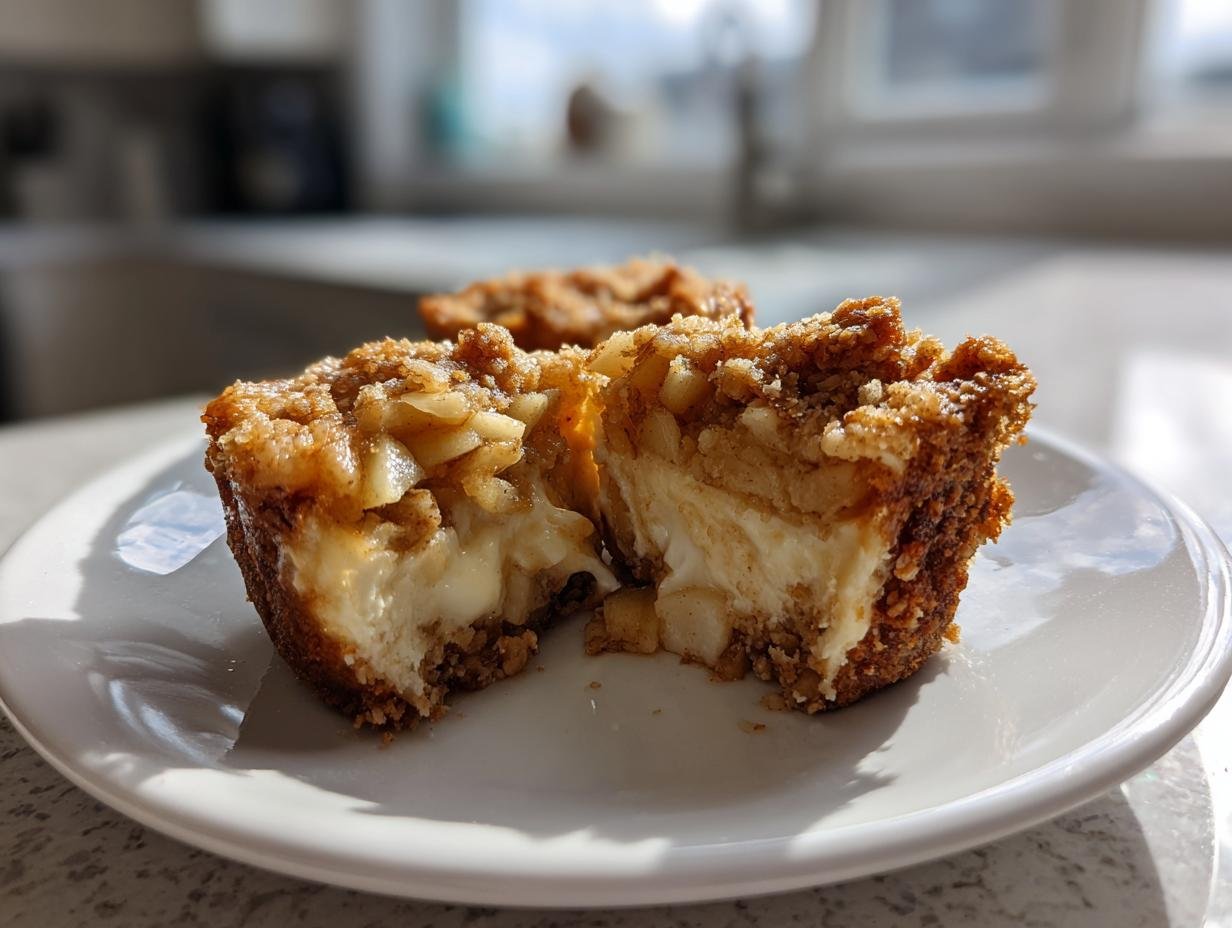Close-up of an Irresistible Apple Crisp Mini Cheesecakes cut in half showing creamy filling and apple crisp topping.