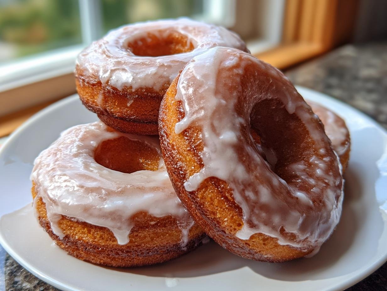 A stack of four golden-brown Baked Vegan Pumpkin Spice Donuts covered in a thick white glaze, resting on a white plate.