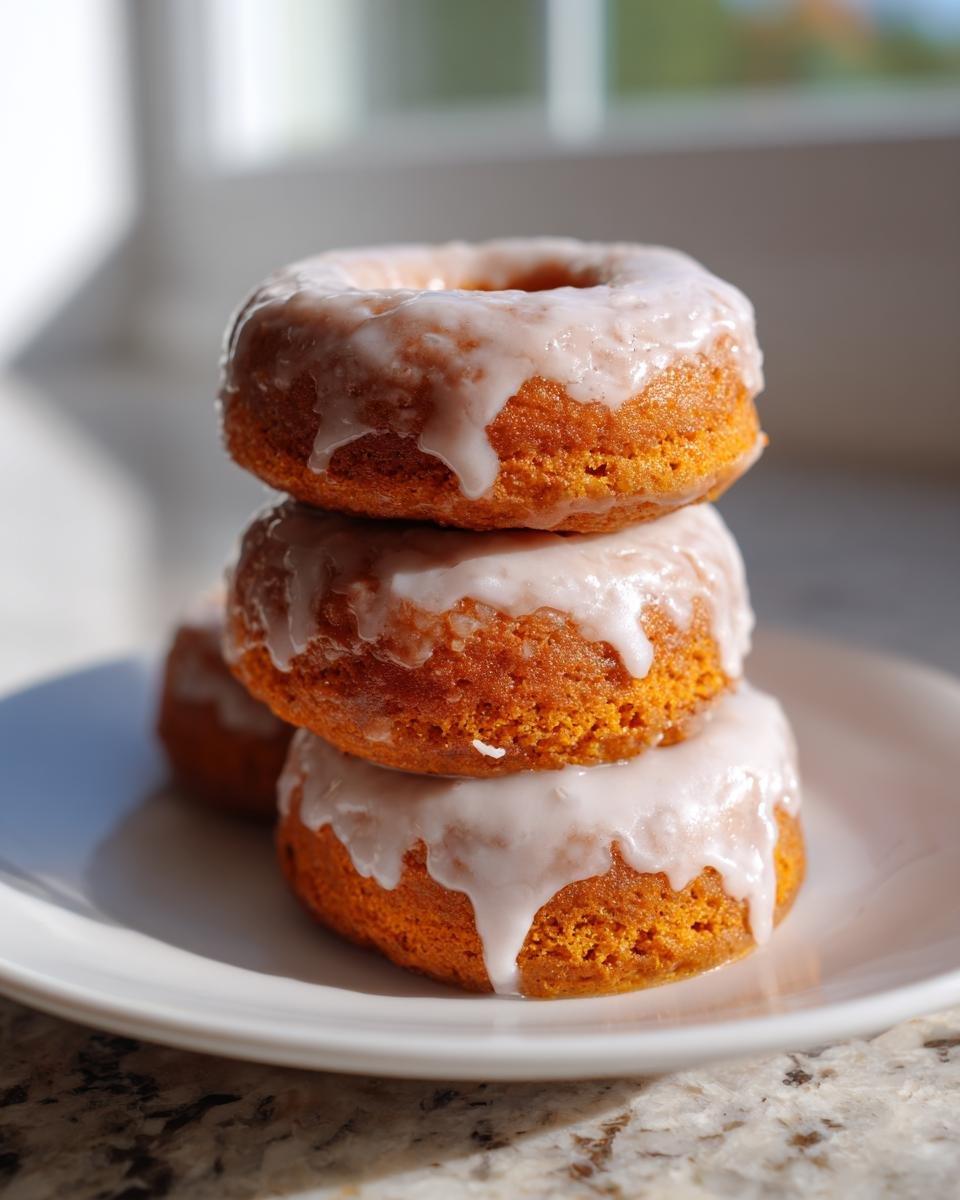 A stack of three orange-colored Baked Vegan Pumpkin Spice Donuts topped with thick white glaze, sitting on a white plate.