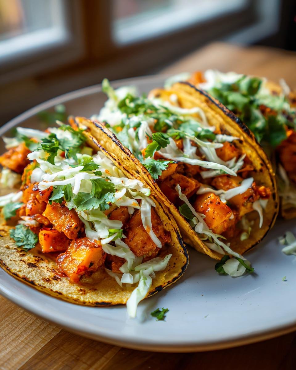Three delicious BBQ Butternut Squash Tacos filled with orange squash pieces, shredded cabbage, and cilantro on a white plate.