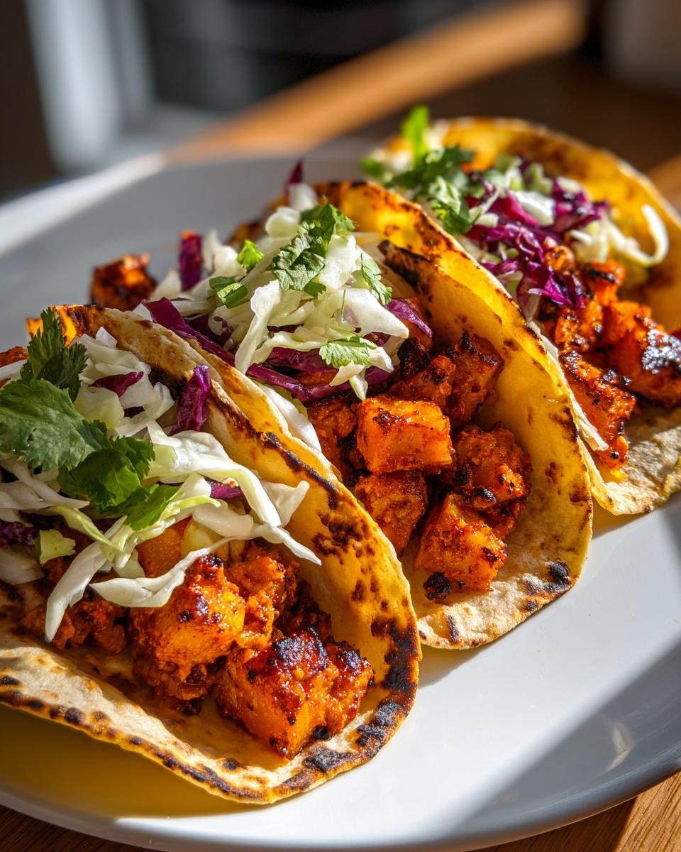Four grilled corn tortillas filled with caramelized BBQ butternut squash and topped with shredded cabbage slaw.