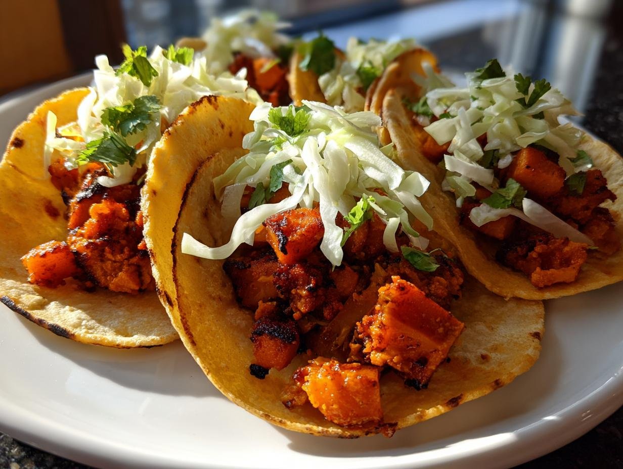 Close-up of three delicious BBQ Butternut Squash Tacos topped with shredded cabbage and cilantro on a white plate.