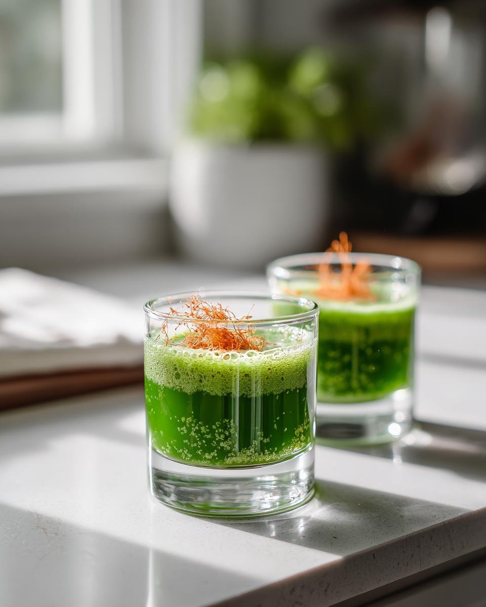 Two small glasses containing a vibrant green liquid, likely the Best Detox Green Tea Shot Recipe, topped with orange garnish.