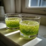 Two small glasses filled with a vibrant, bubbling green liquid, representing the Best Detox Green Tea Shot Recipe.