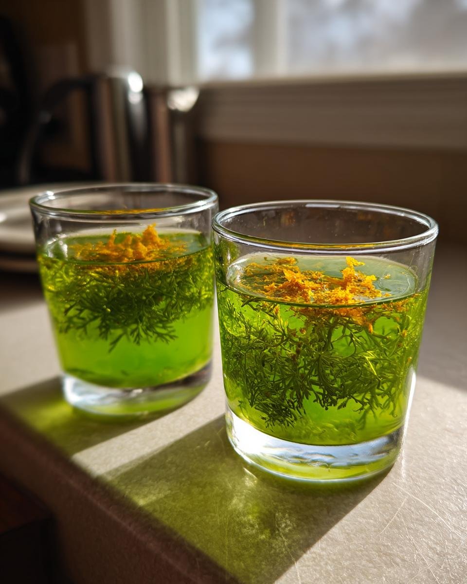 Two small glasses containing the Best Detox Green Tea Shot Recipe, featuring bright green liquid, submerged dill, and orange zest on top.