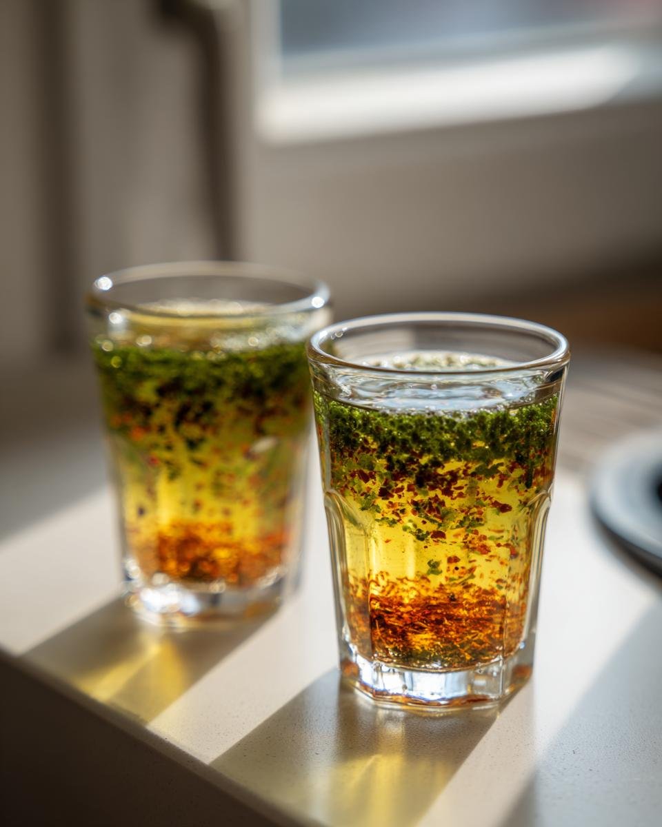 Two glasses containing the Best Detox Green Tea Shot Recipe, showing yellow liquid layered with green herbs and red spices.