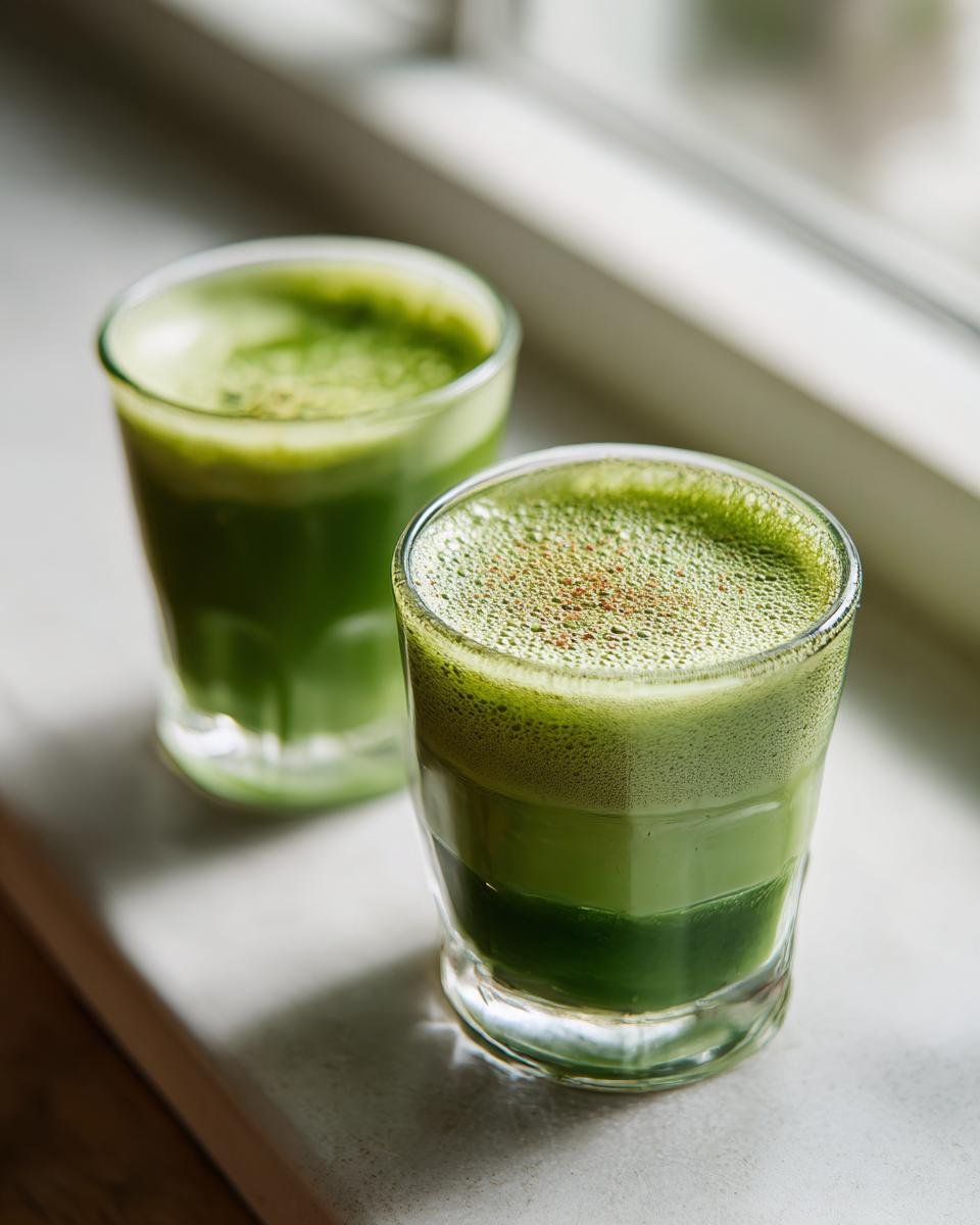Two vibrant green shots of the Best Detox Green Tea Recipe, layered in small glasses on a windowsill.