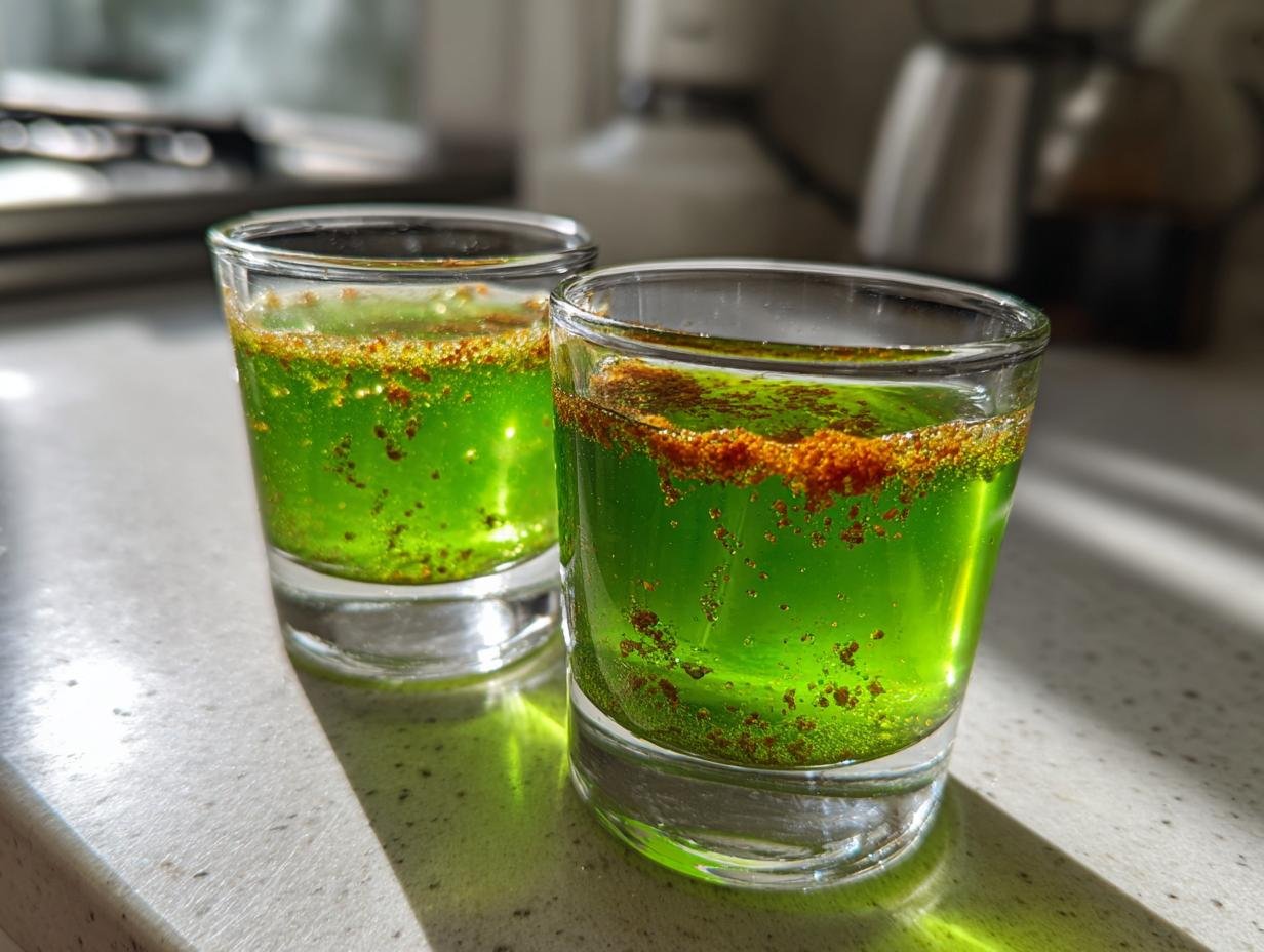Two bright green detox green tea shots topped with brown sediment, sitting on a light countertop.