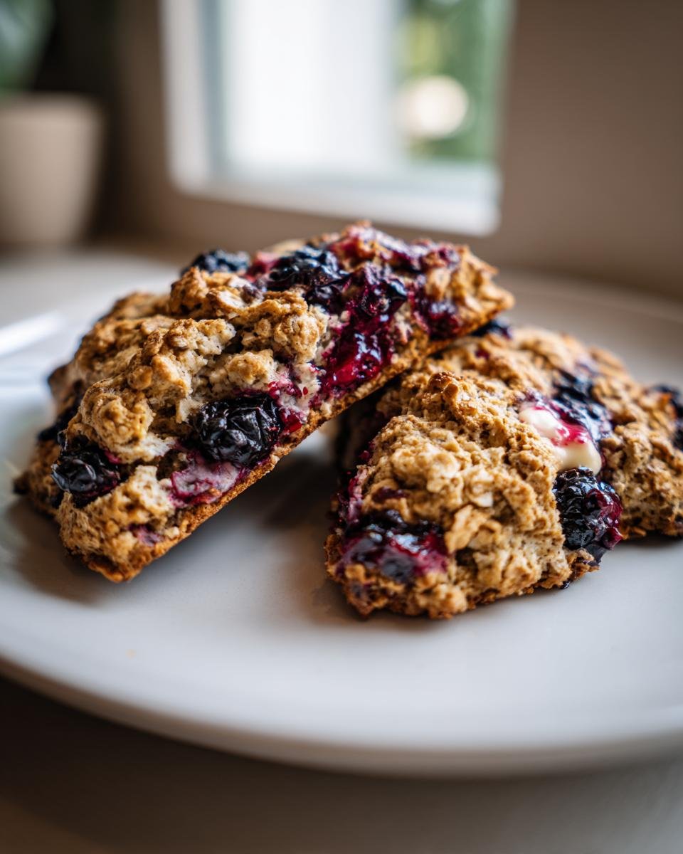 Two halves of a Blackberry White Chocolate Oatmeal Scones showing the moist interior with berries and oats.
