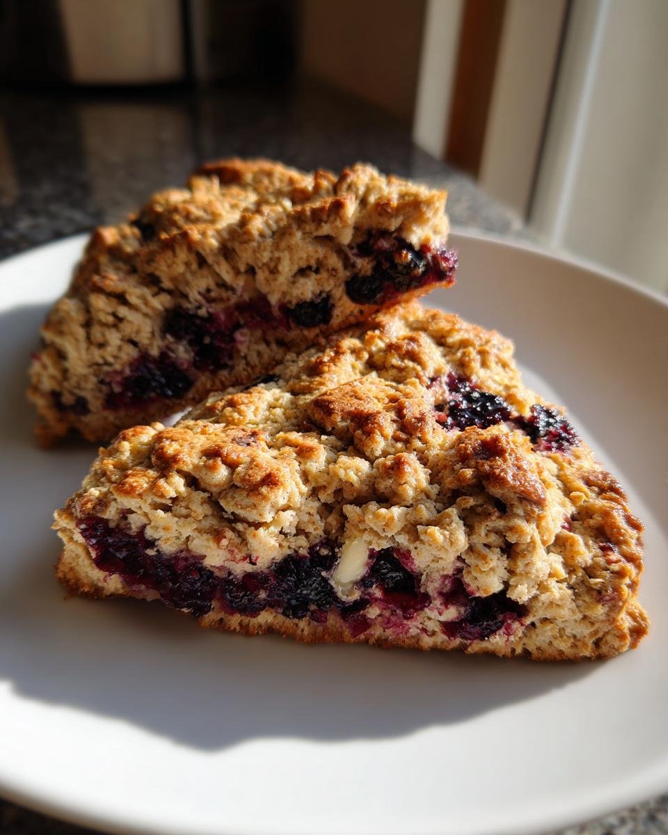 Two halves of a Blackberry White Chocolate Oatmeal Scones showing the rich berry filling and crumbly texture.