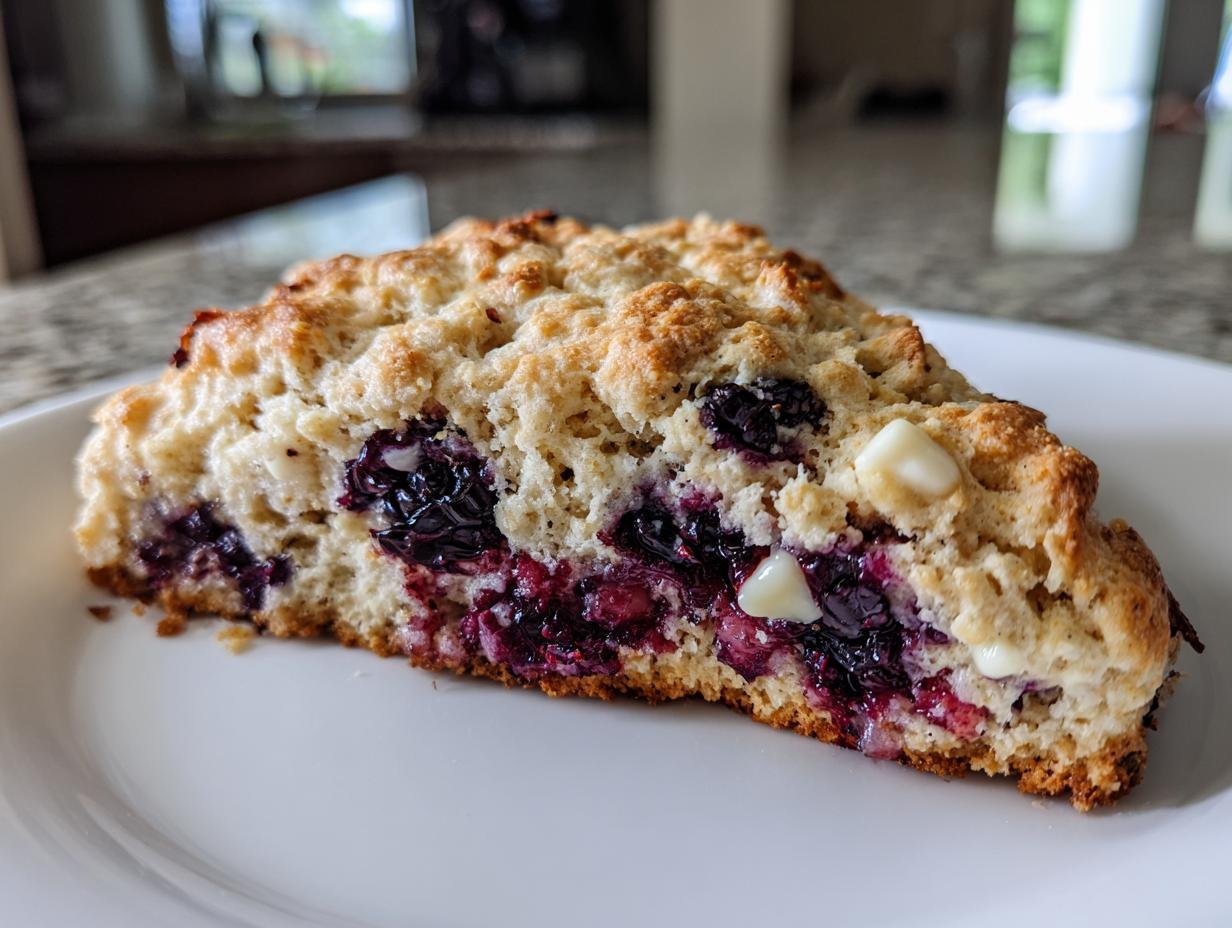 Close-up of a freshly baked Blackberry White Chocolate Oatmeal Scones slice on a white plate.