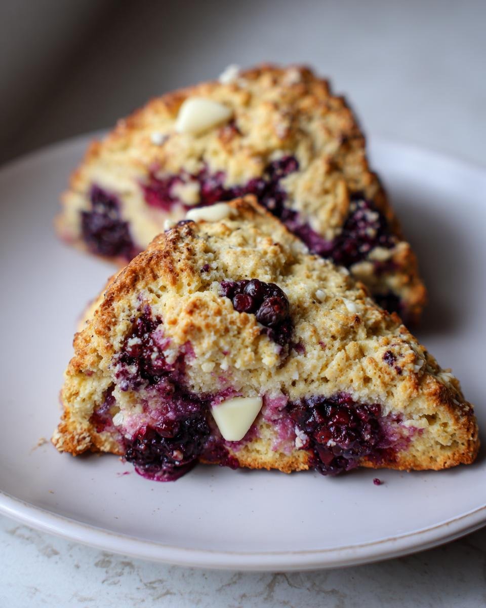 Two triangular slices of Blackberry White Chocolate Oatmeal Scones, showing juicy blackberries and white chocolate chunks.