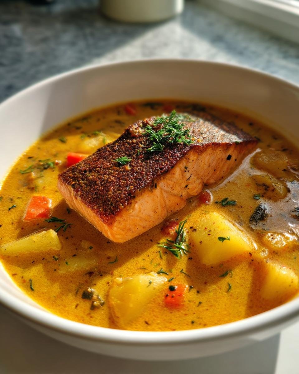 Close-up of a bowl of Irresistible Blackened Salmon Chowder topped with a piece of blackened salmon.