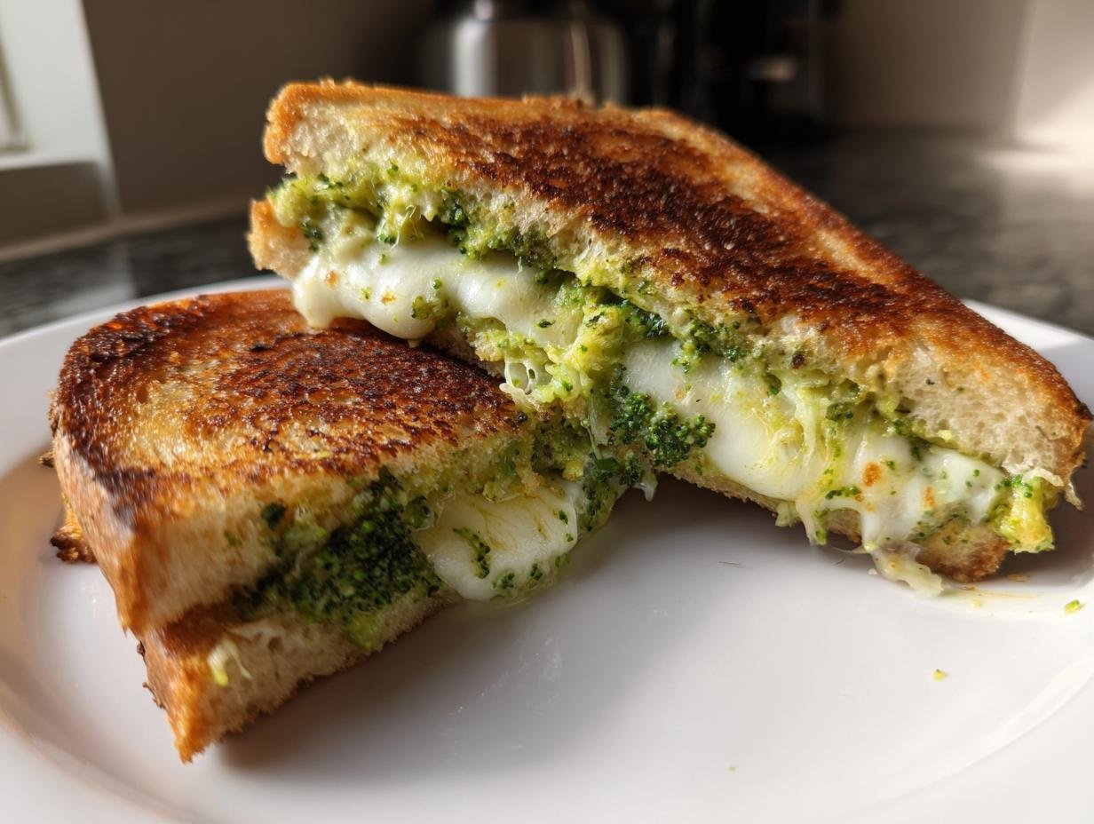 A perfectly grilled Broccoli Pesto Grilled Cheese sandwich cut in half, showing melted cheese and green pesto filling.