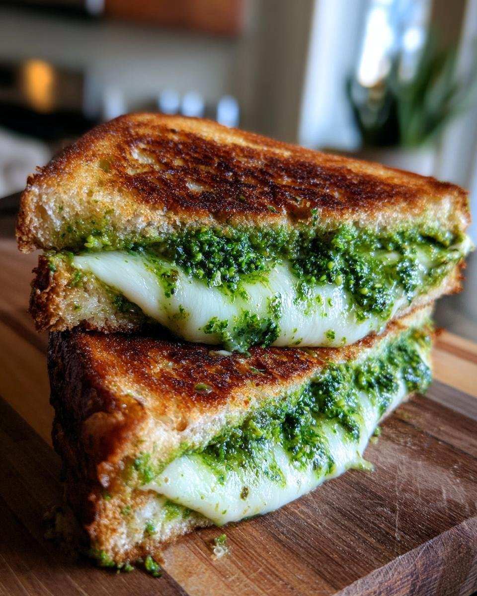 A perfectly grilled Broccoli Pesto Grilled Cheese sandwich cut in half, showing melted white cheese and vibrant green pesto.