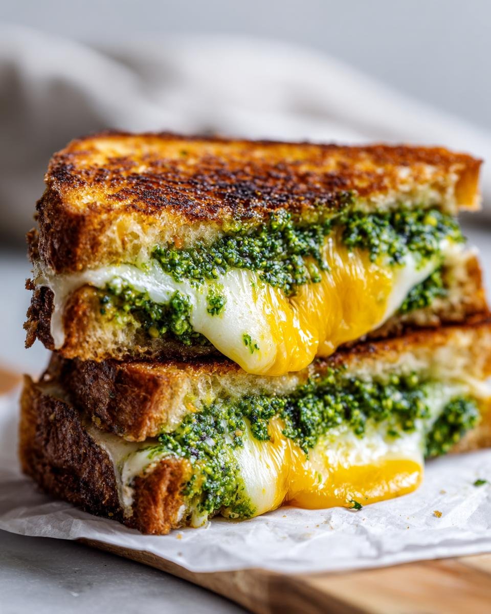 Close-up of a stacked Broccoli Pesto Grilled Cheese sandwich with melted cheese oozing out.