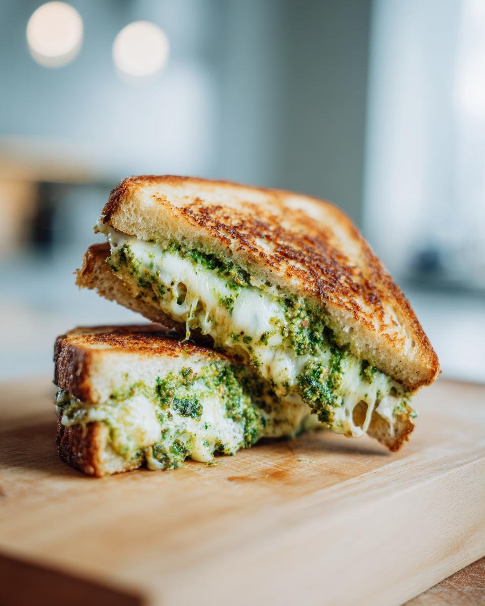 Two halves of a perfectly grilled Broccoli Pesto Grilled Cheese sandwich stacked on a wooden board with melted cheese oozing out.