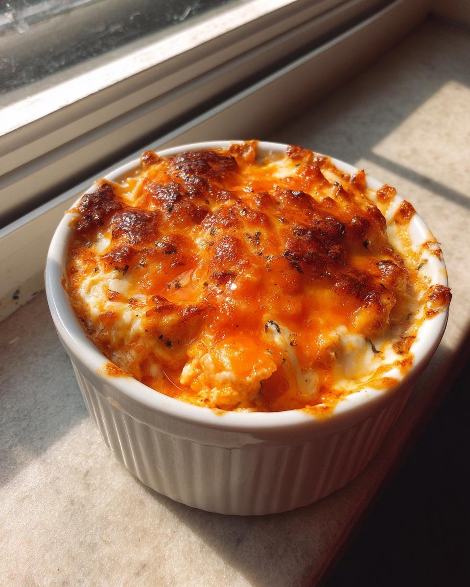 Close-up of a small, baked portion of Irresistible Buffalo Chicken Dip with a bubbly, browned cheese top.