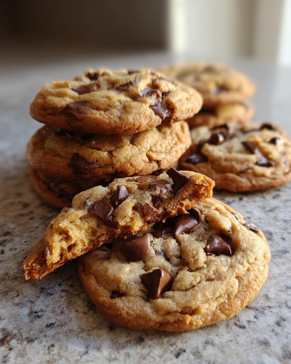 A stack of chewy Cake Batter Chocolate Chip Cookies, with one cookie broken in half showing the soft interior.