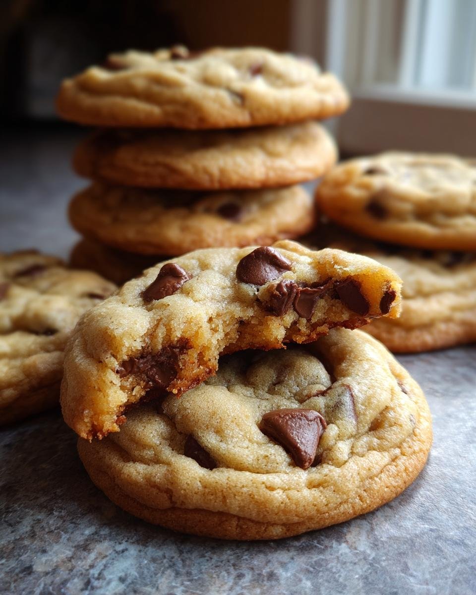 A close-up of chewy Cake Batter Chocolate Chip Cookies, with one cookie broken in half showing melted chocolate.