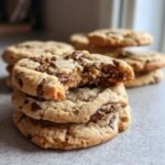 A stack of chewy Cake Batter Chocolate Chip Cookies, with the top cookie broken open to show the soft, melted chocolate center.