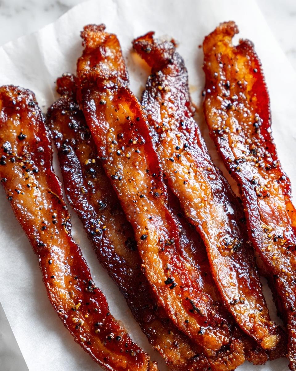 Five strips of glossy, caramelized candied bacon, seasoned heavily with black pepper, resting on white parchment paper.