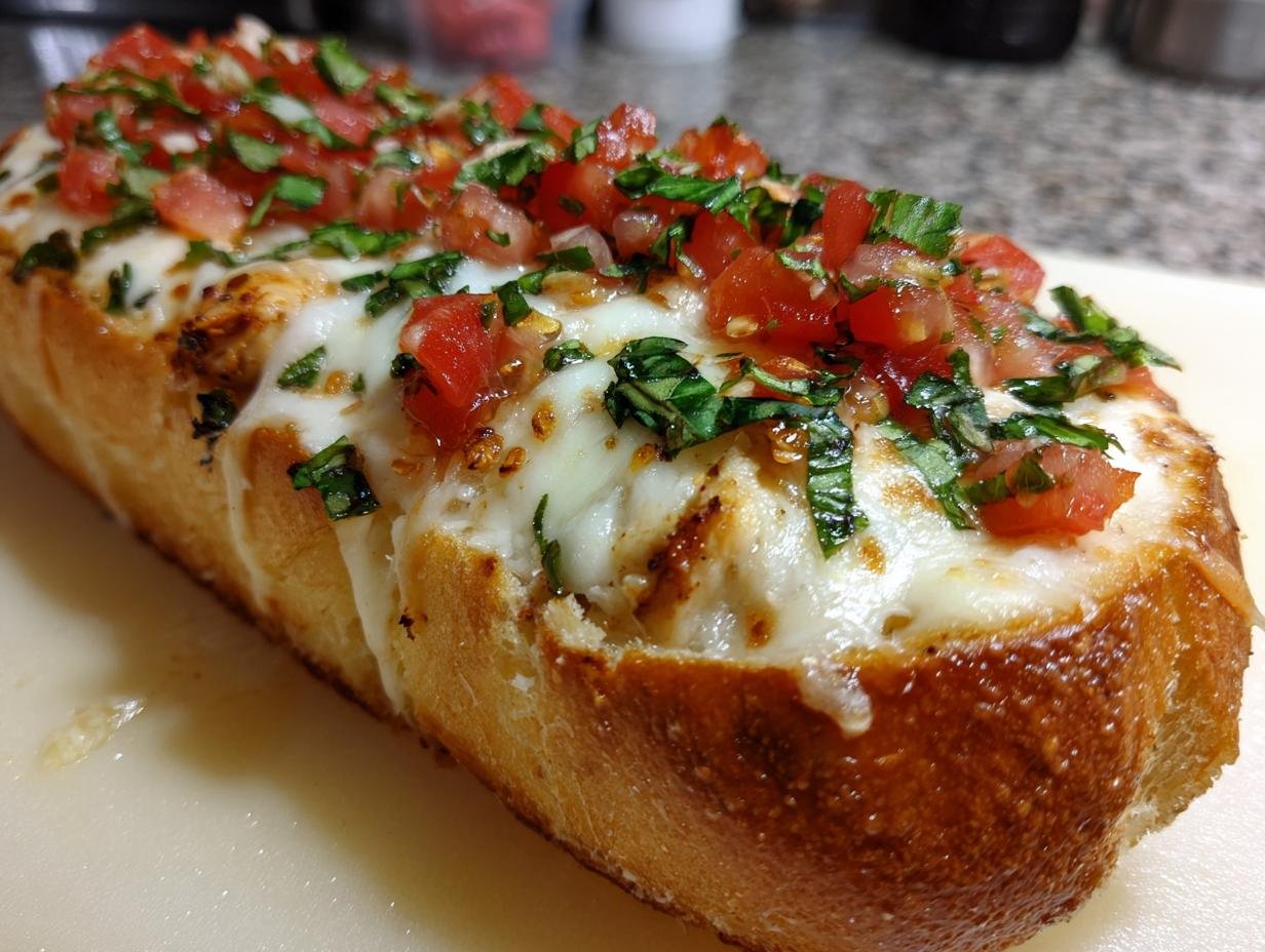 Close-up of Irresistible Cheesy Chicken Bruschetta Bread with melted mozzarella and fresh tomato-basil topping.