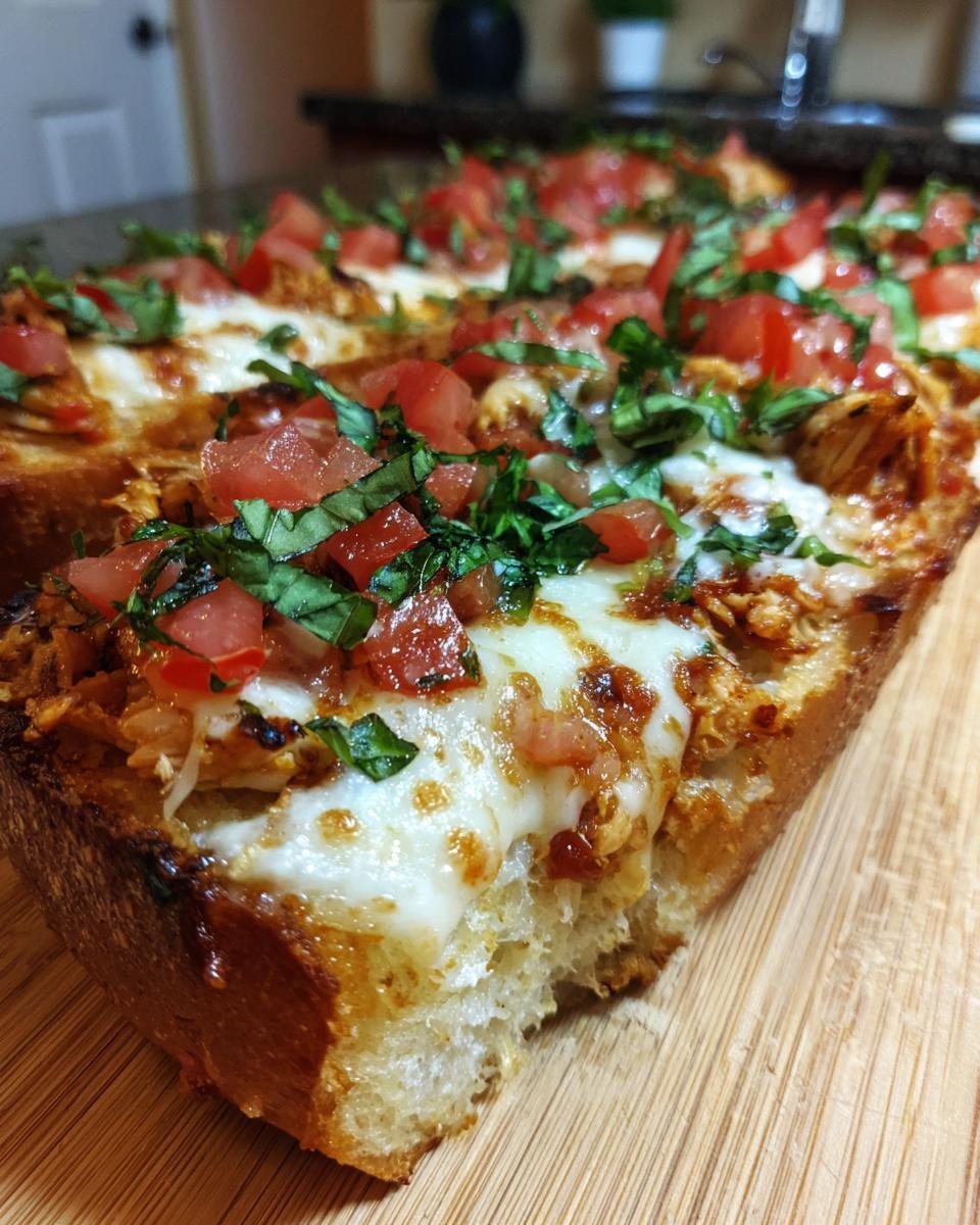 Close-up of Irresistible Cheesy Chicken Bruschetta Bread topped with melted mozzarella, diced tomatoes, and fresh basil.