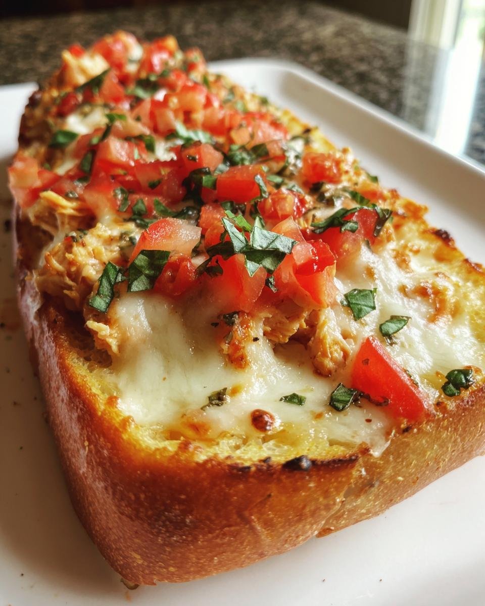 Close-up of Irresistible Cheesy Chicken Bruschetta Bread topped with melted mozzarella, diced tomatoes, and basil.