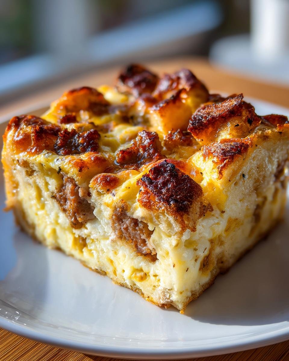 Close-up of a perfectly baked slice of Irresistible Cheesy Italian Egg Casserole with browned, cheesy top.