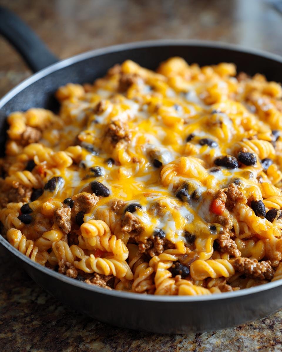 Close-up of Irresistible Cheesy Mexican Inspired Pasta Skillet topped with melted cheddar and black beans.