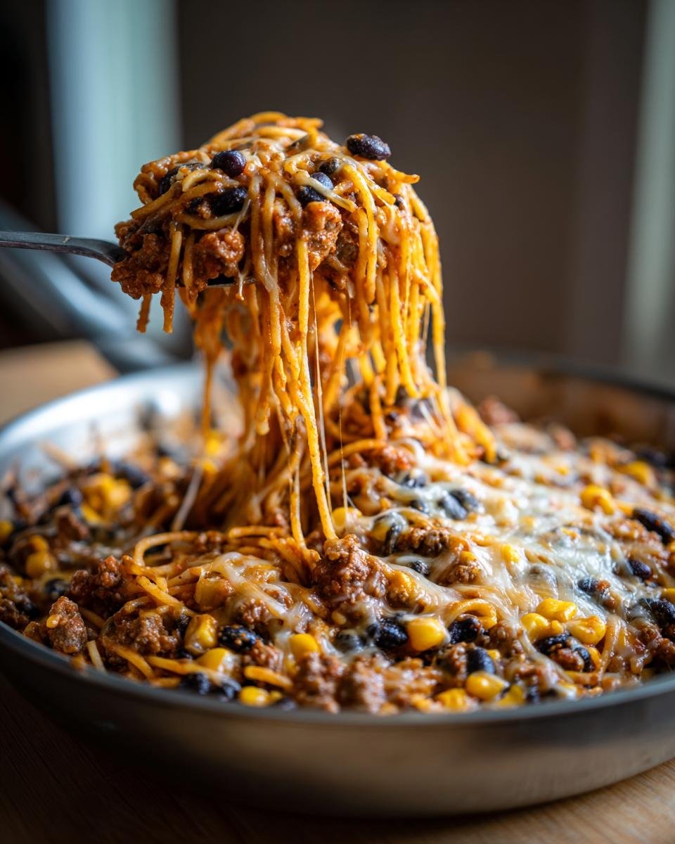 A fork pulls up cheesy, saucy spaghetti from an Irresistible Cheesy Mexican Inspired Pasta Skillet.