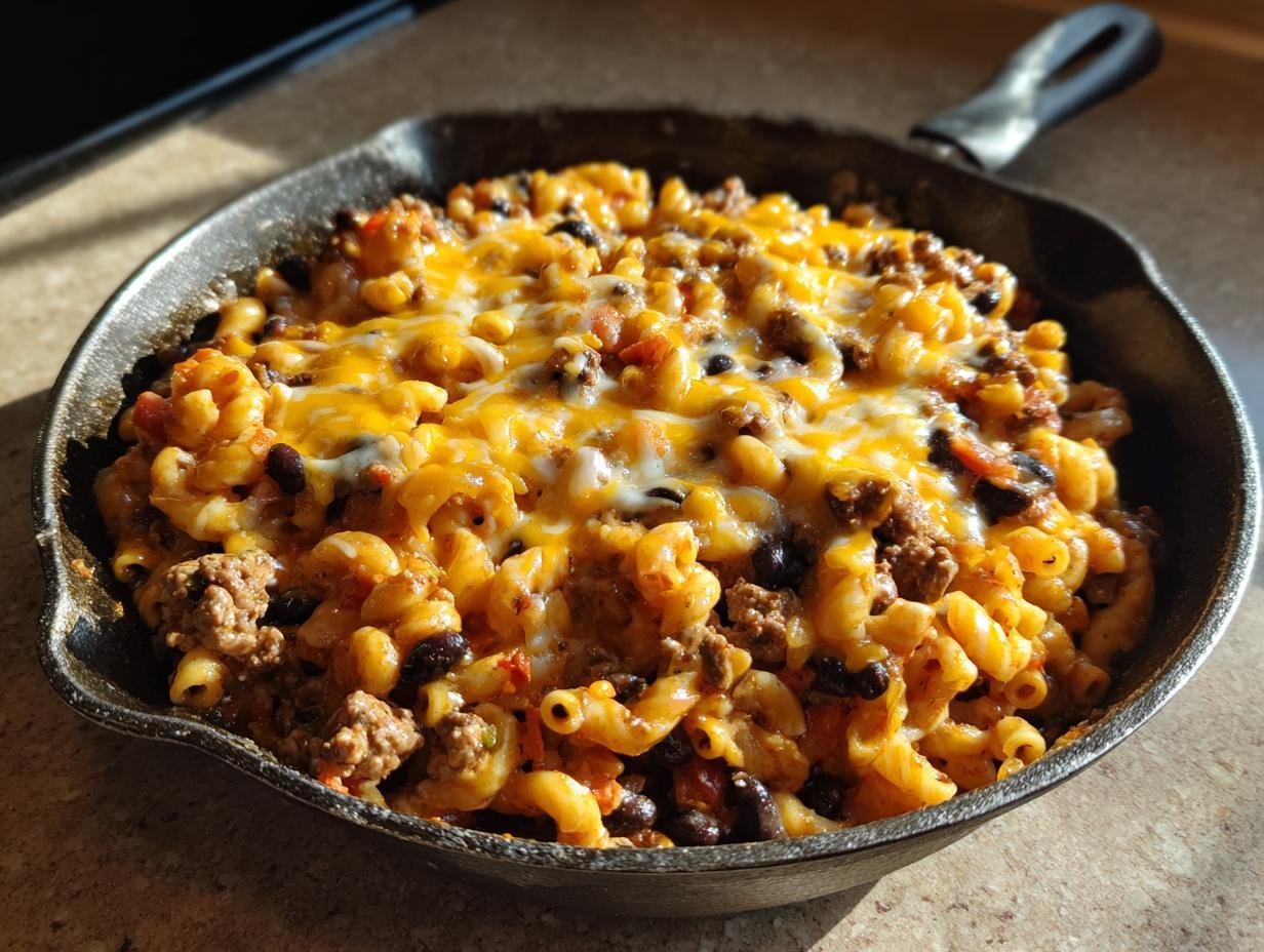 Close-up of Irresistible Cheesy Mexican Inspired Pasta Skillet in a cast iron pan, topped with melted cheddar and Monterey Jack cheese.