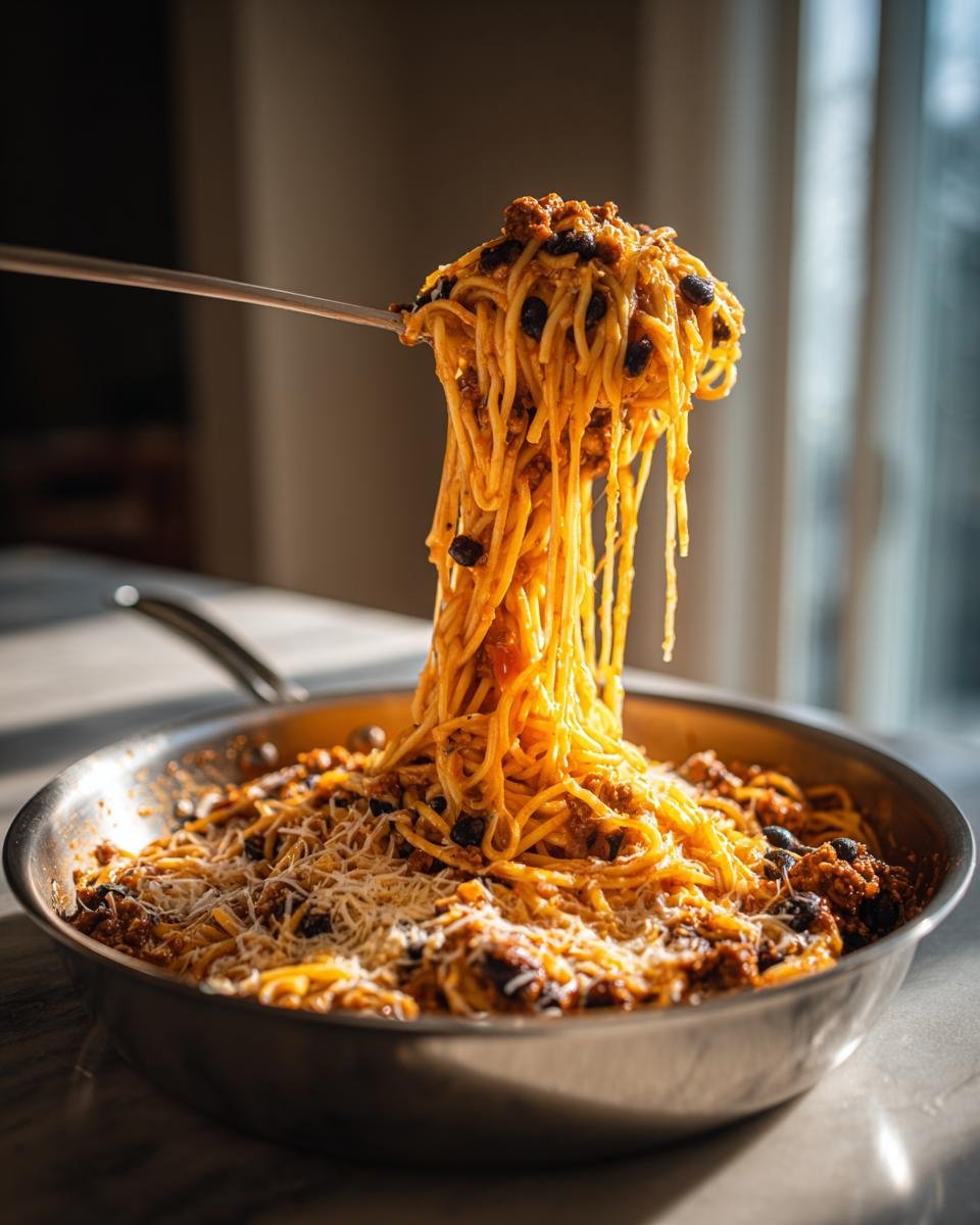 A fork lifts a large tangle of spaghetti from a skillet filled with Irresistible Cheesy Mexican Inspired Pasta Skillet Recipe.